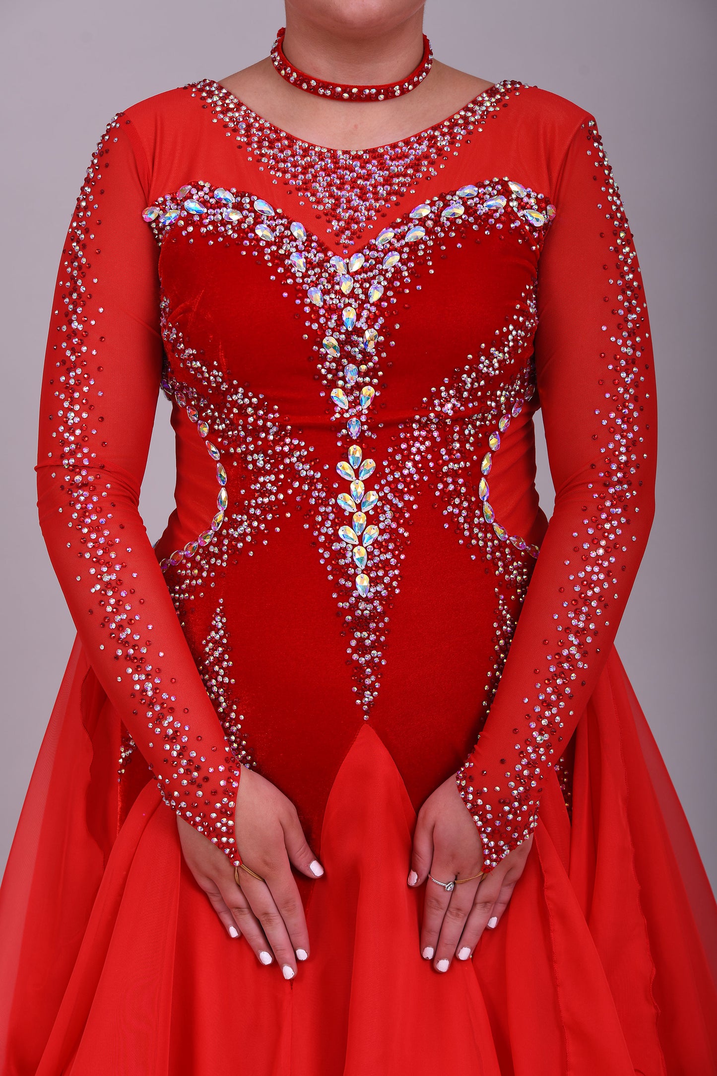 055 Red Competition Ballroom Dance Dress. Red Velvet Panels to the bodice. Heavily decorated in Siam & AB