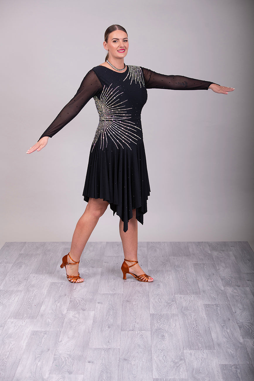 199 Flattering Black Latin Dance Dress. Super Stretchy. Stoned in AB starburst design with handkerchief hem skirt. High back giving option for wearing own bra.