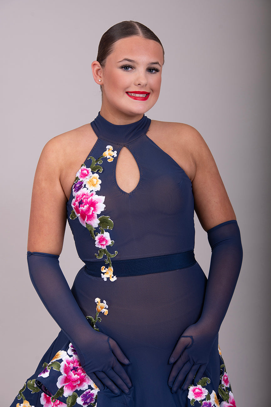 143 Navy blue fine mesh Latin dress with multi coloured Embroidered Floral Appliqués. Keyhole halter neck detail. Unstoned