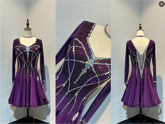 62L Plum Competition Latin Dance Dress. Mega full skirt for maximum movement. Stoned in AB & Amethyst. High back for wearing own Bra option. ❤️Showroom Appointments Available❤️