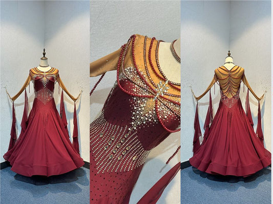 69B TWD ELITE Competition Ballroom/Sequence Dance Dress. Stunning bead detailing to upper chest, shoulders & back. Detachable floats. Stoned in Wine & Crystal Golden Shadow. High back to wear own bra option. ❤️Showroom Appointments Available❤️