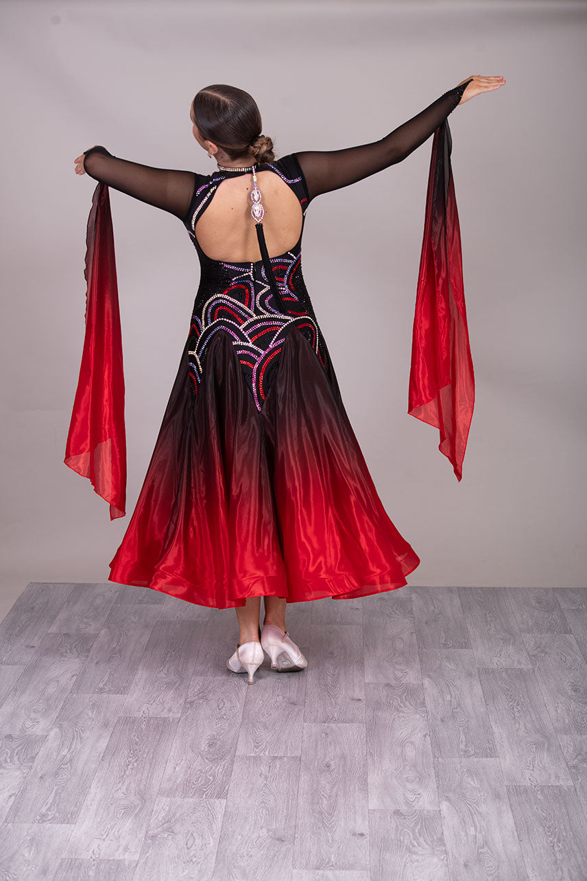 32B Black & Red Ombre Competition Ballroom/Sequence Dance Dress. Stoned in jet, AB, Siam & Light Siam. Very classy design giving full front & sleeve coverage and lovely back opening.
