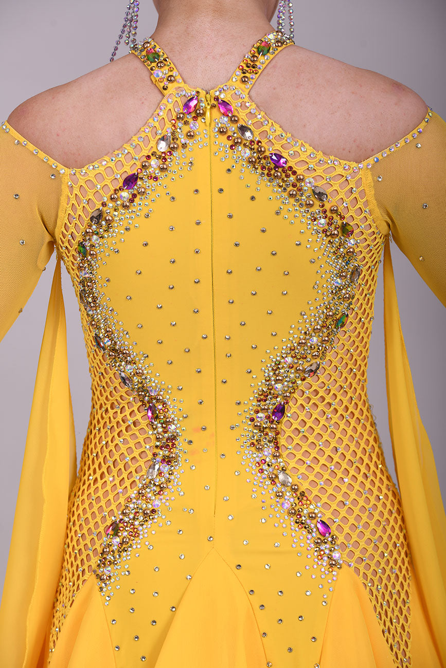 223 Yellow Fishnet Panel Dress halter neck style Ballroom Dress. Cold shoulder sleeves with high back.