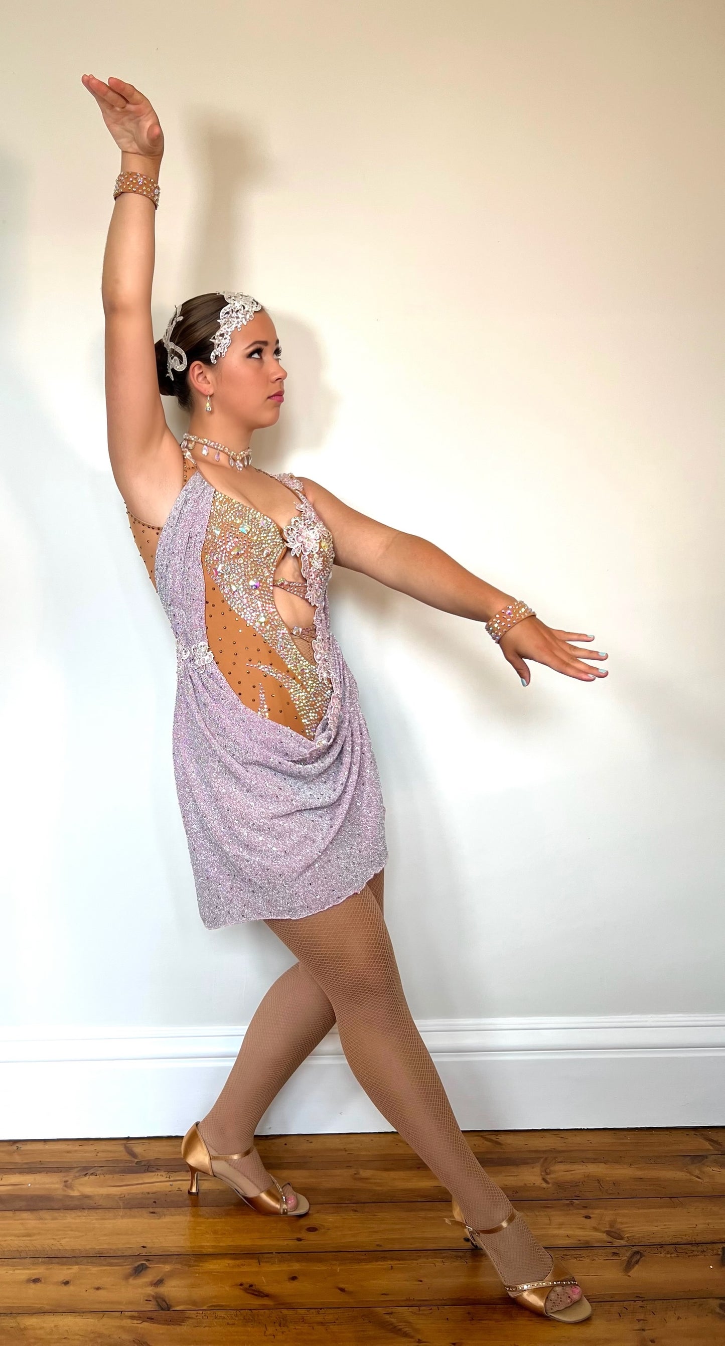 342 Lilac Heavily decorated Latin Dress. Decorated with lilac flowers with full back. Front fastening (no crotch poppers). Decorated with lilac & AB stones