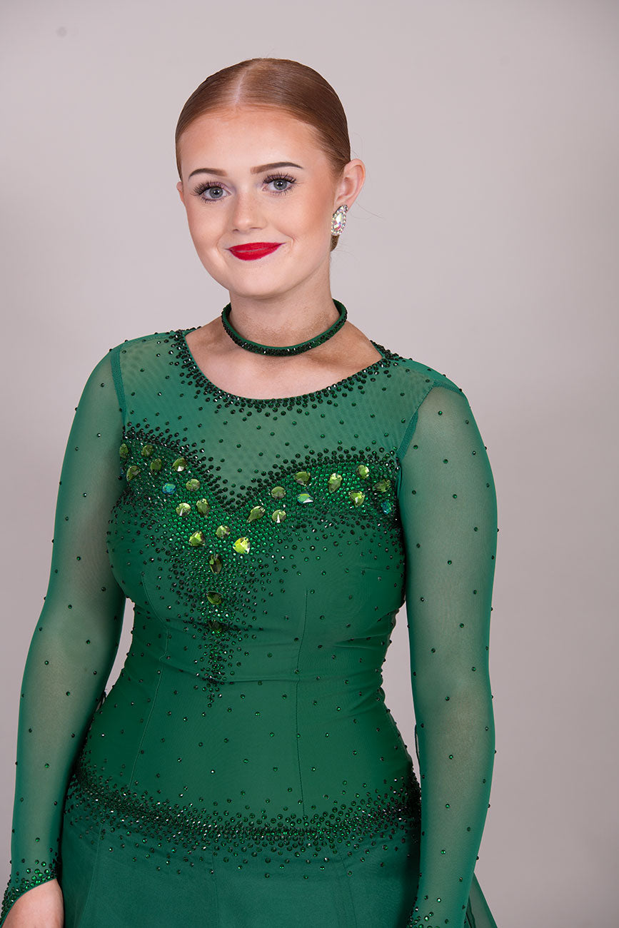 45B TWD PETITE Emerald Green Competition Ballroom/Sequence Dress. Hanging detail to the back. Heavily Stoned in Emerald  ❤️Showroom Appointments Available❤️
