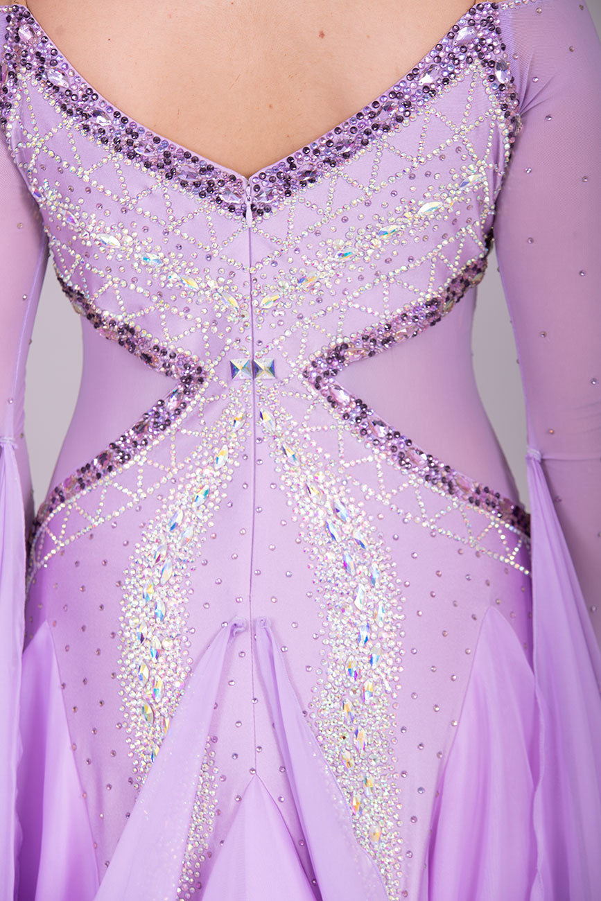 32B Lilac Competition Ballroom/Sequence Dance Dress. Detachable Floats. Detailed stone pattern in AB, Amethyst, Amethyst AB & purple velvet.  High Back to give option of wearing own bra