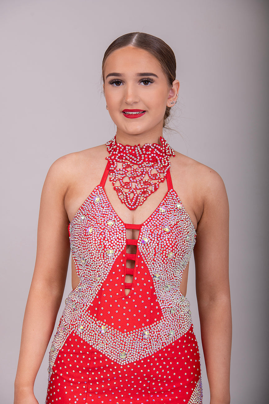 025 Red Trio - Latin Dress with Red Motif & AB stones. Ballroom Skirt with x4 arm floats and AB stoned belt