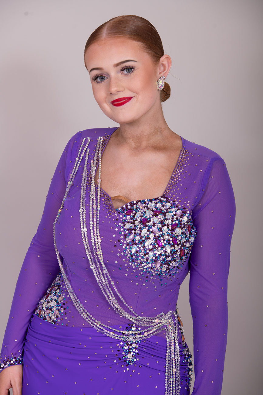 116L Stand Out Purple Competition Latin Dance Dress. Hanging strap detail to the front with stone detail in Purple velvet, AB & light amethyst AB.  High Back to give option of wearing own bra