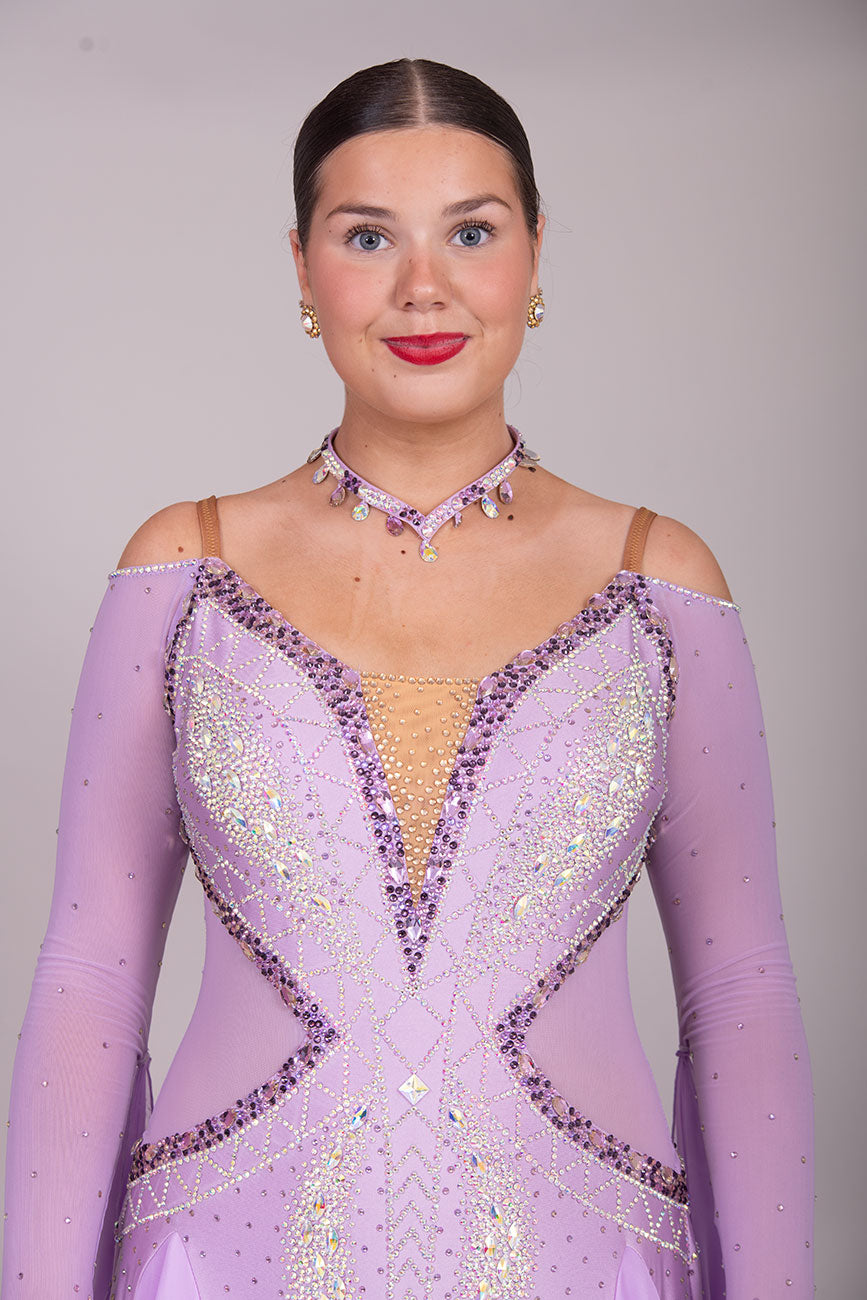 32B Lilac Competition Ballroom/Sequence Dance Dress. Detachable Floats. Detailed stone pattern in AB, Amethyst, Amethyst AB & purple velvet.  High Back to give option of wearing own bra