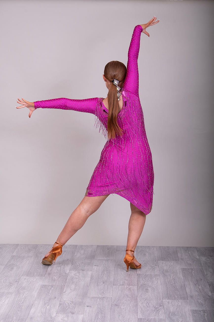 159 Elegant Fuschia Latin Dance Dress. Decorated with Fuchsia mirrors, stones & bead droppers. High back to give option for wearing own bra.