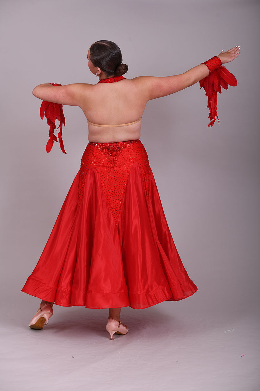 219 Red Sleeveless/Backless Ballroom/Smooth halter neck Dress. Feature panelling to the waist. Long Glove let’s with feather detailing. Flesh strapping to the chest and back.