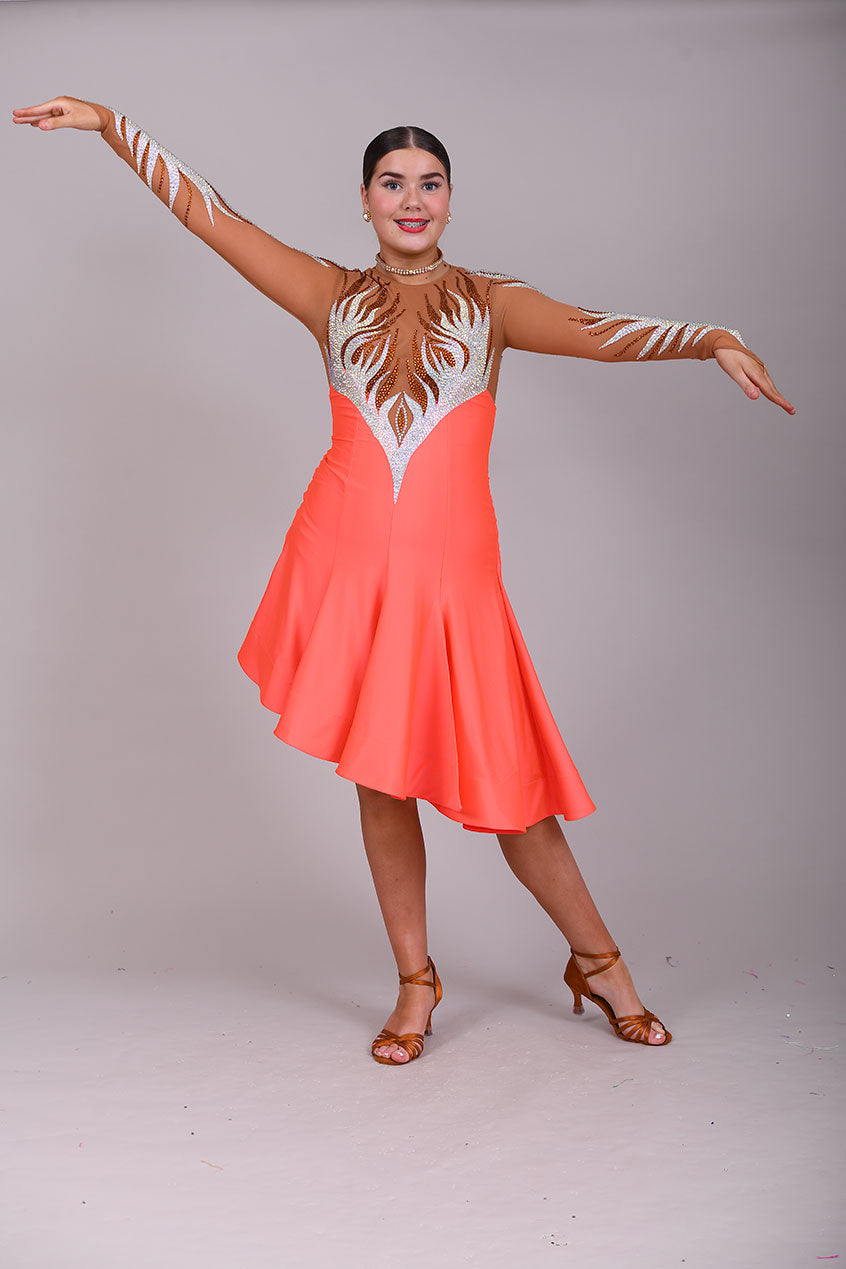 228 Orange & Tan Latin Dress. Heavy decoration design to the front & back. Small split to the left front side. High back with zip. Stoned in smoked topaz & AB