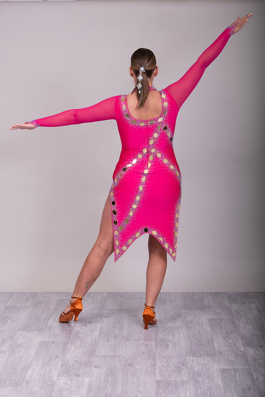 159 Cerise Latin Dance Dress decorated with Gold mirrors and Fuschia ab stones