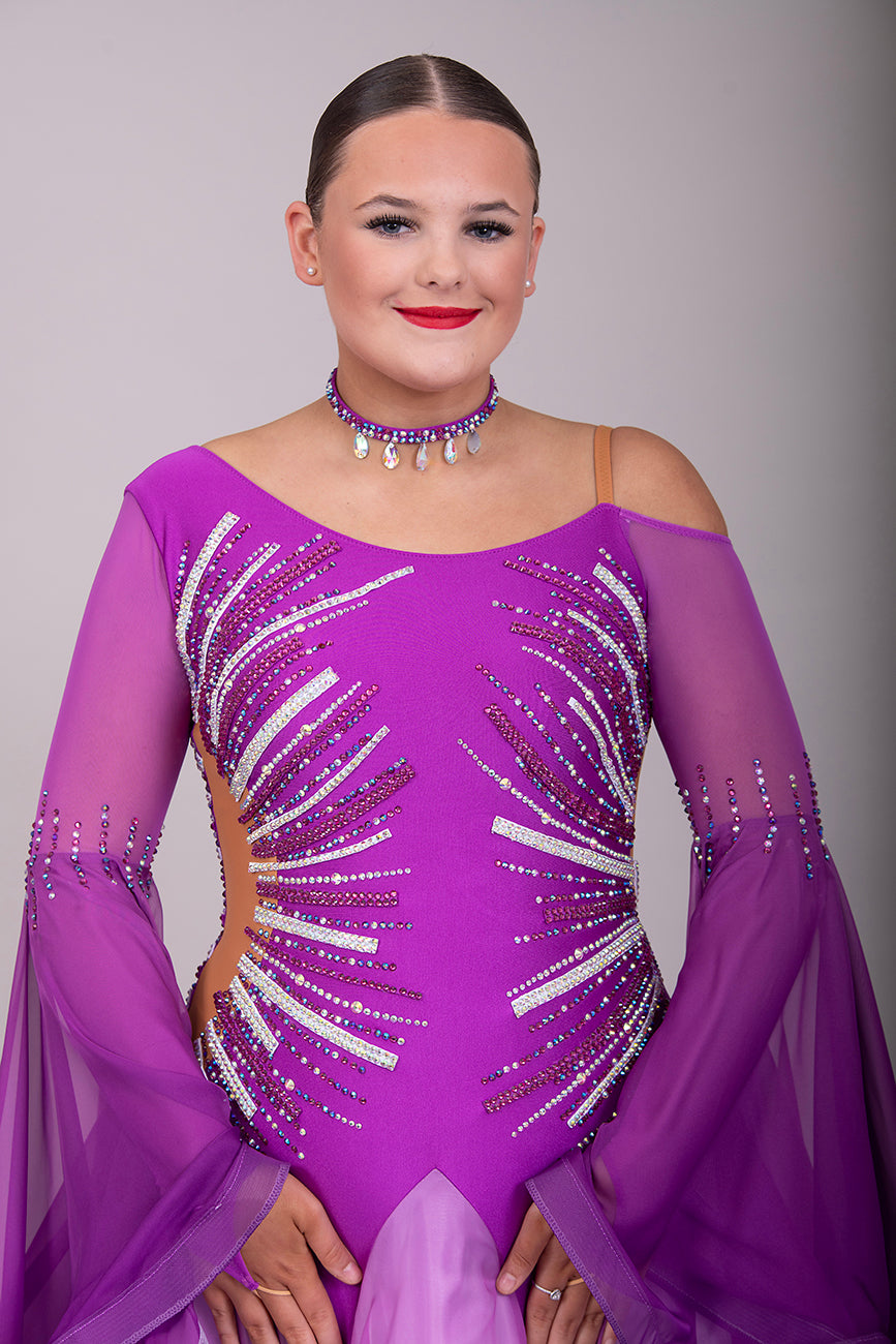 055 Bright Magenta & White Competition Ballroom Dress. Ombré Bell sleeve detail. Stoned in Rose, Rose AB & AB
