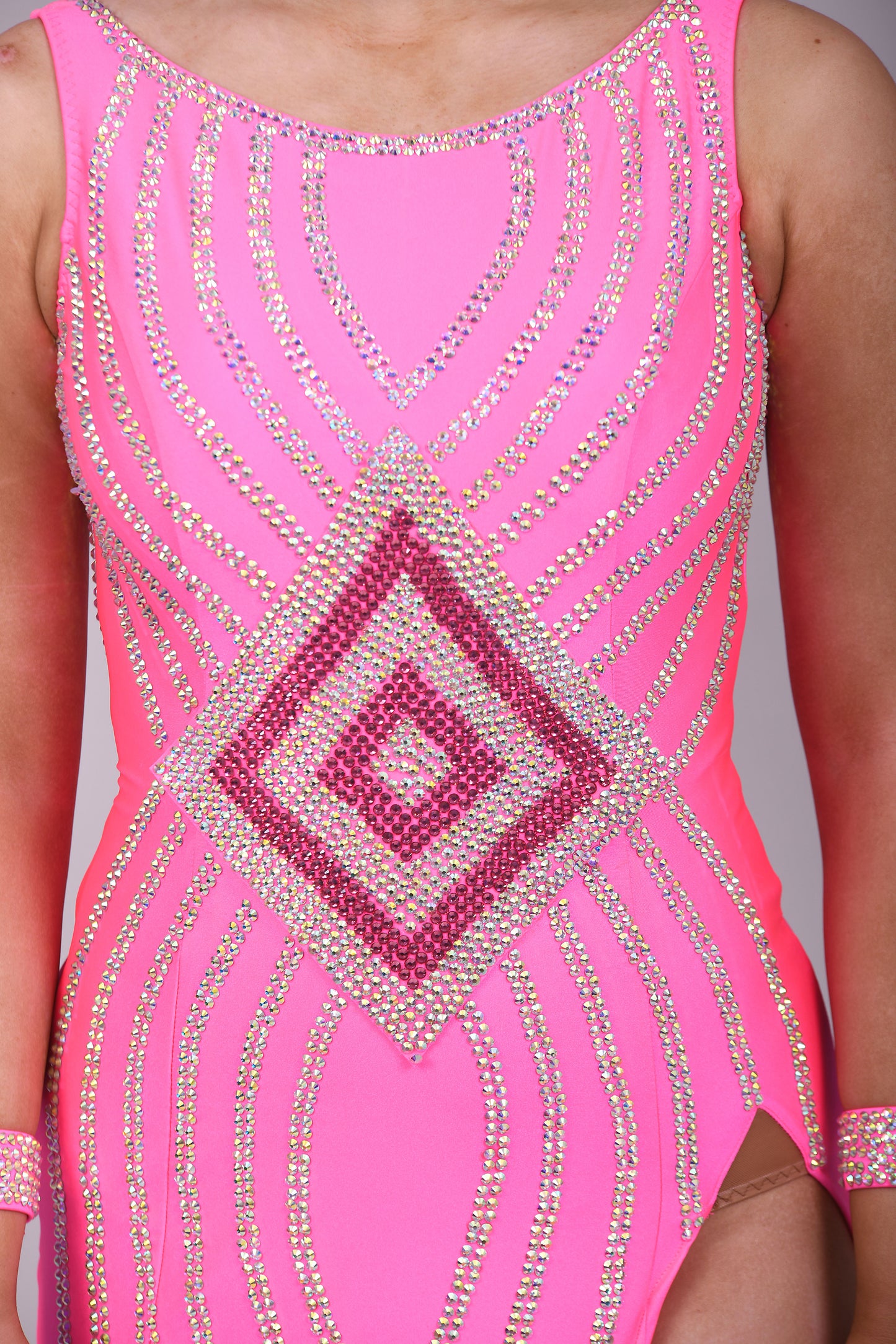 172 Flo Pink Latin dress with split detail to one side. Decorated in Rose & AB