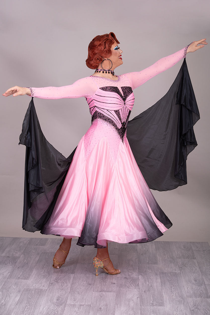 33B “TWD ELITE” Absolutely Stand Out Ballroom/Sequence Competition Dance Dress. Pink & Black Ombre stoned in Jet, Light Rose & Light Rose AB. Detachable Floats.  High Back to give option of wearing own bra