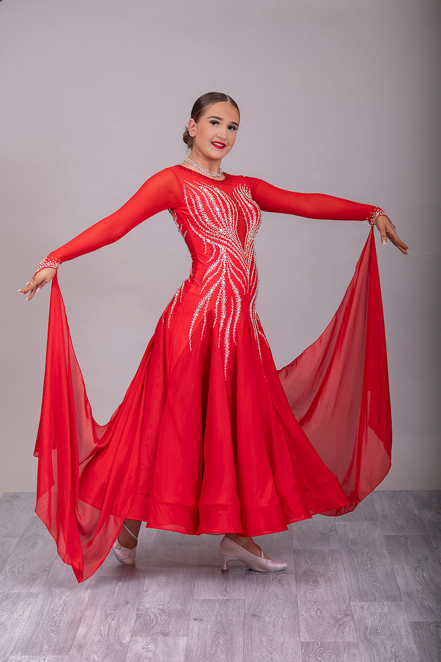 03B Red Ballroom/Sequence Competition Dance Dress. Heavily stoned in AB with Light Siam. Comes with detachable floats.