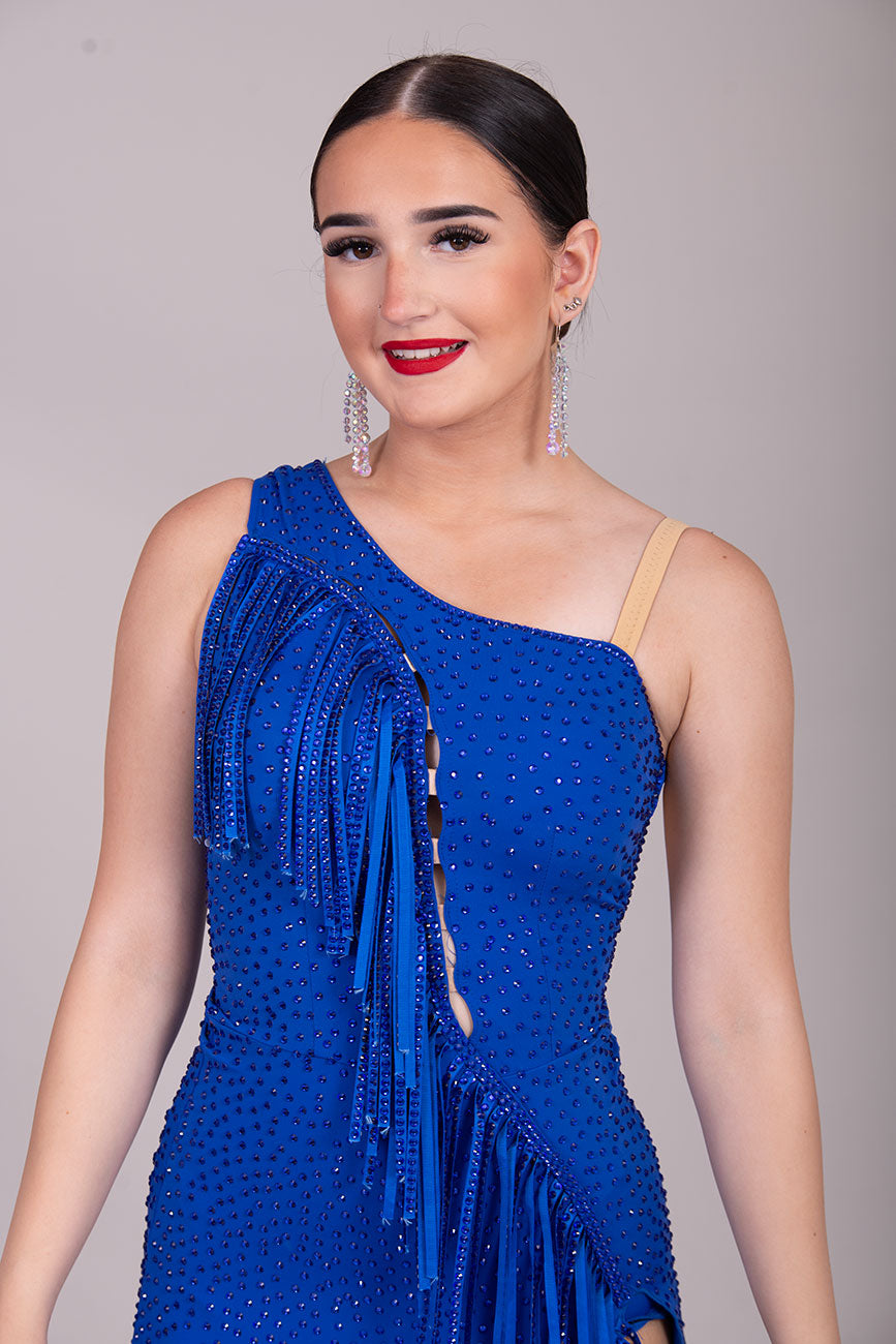 132L BUDGET (21) Royal Blue Competition Latin Dance Dress. Diagonal fringe detail to upper body with diagonal skirts  Stoned in Sapphire. ❤️Showroom Appointments Available❤️
