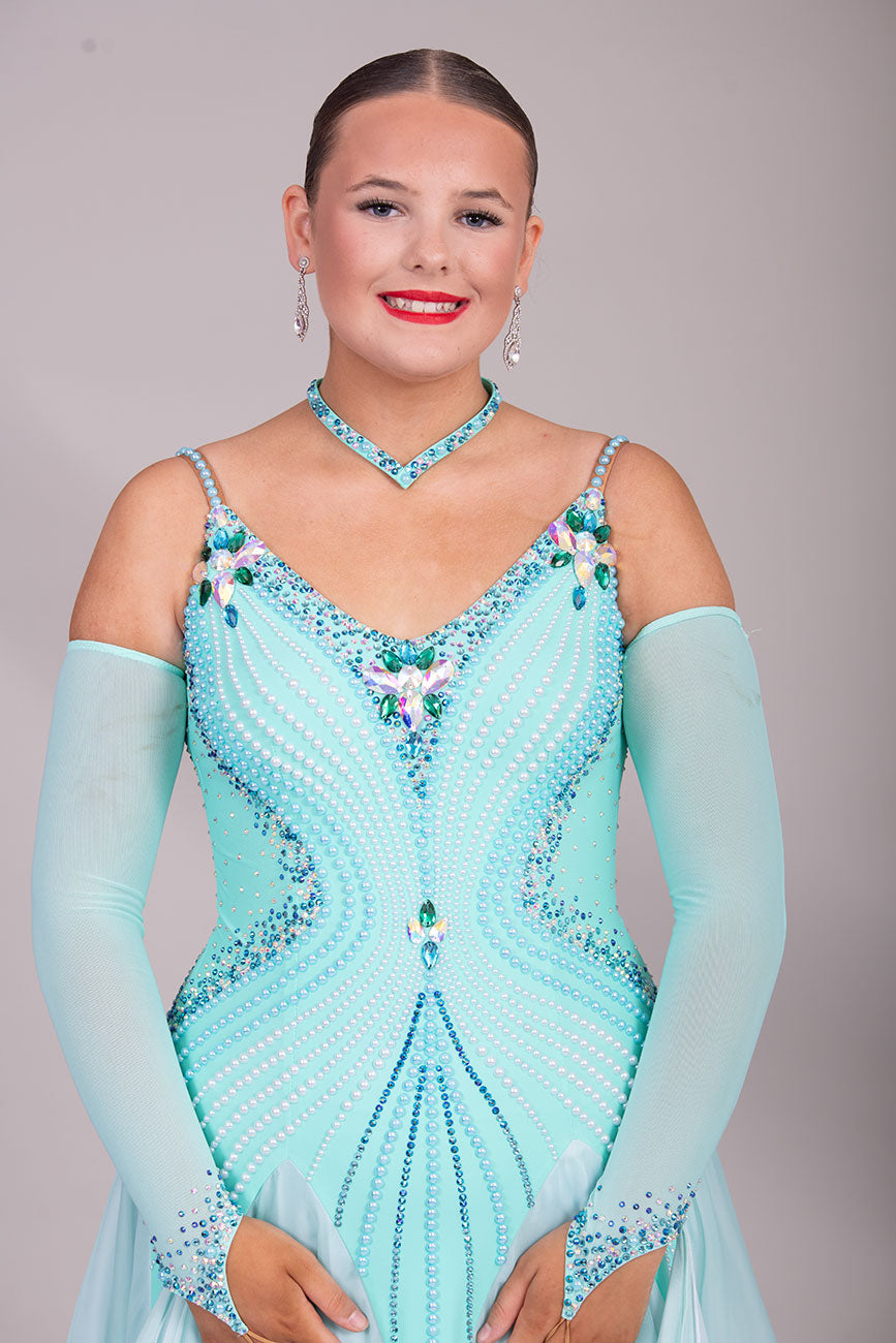 27B Aqua & White Ombre Competition Ballroom/Sequence Dance Dress. Pearls & Stones create this stunning pattern.