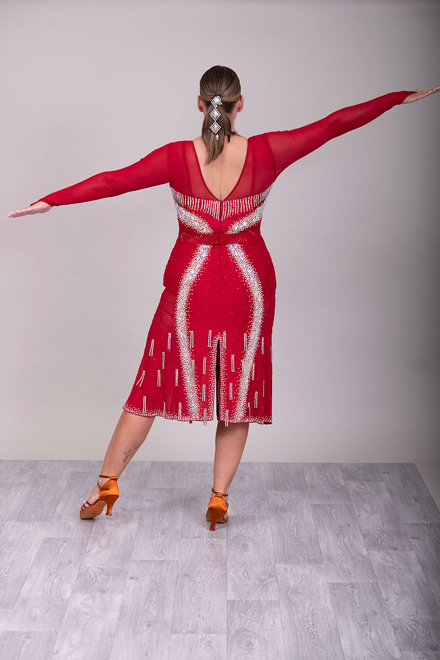 066 Wine Competition Latin Dance Dress. Heavily stoned in AB & Dark Siam Stones. Comes with optional belt.