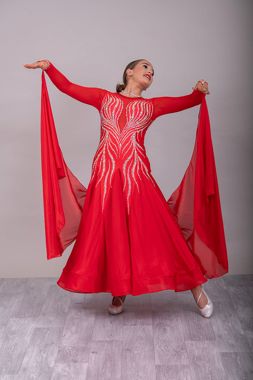 03B Red Ballroom/Sequence Competition Dance Dress. Heavily stoned in AB with Light Siam. Comes with detachable floats.