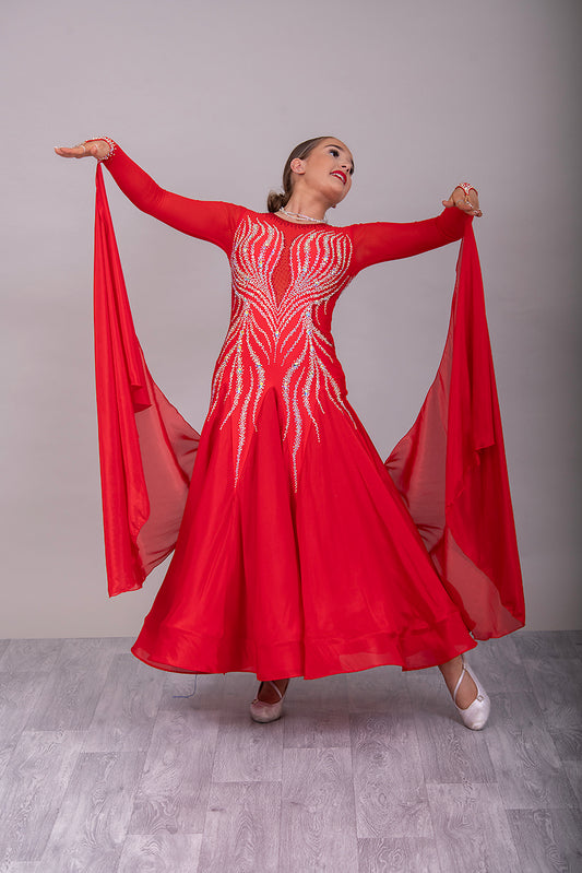 03B Red Ballroom/Sequence Competition Dance Dress. Heavily stoned in AB with Light Siam. Comes with detachable floats.
