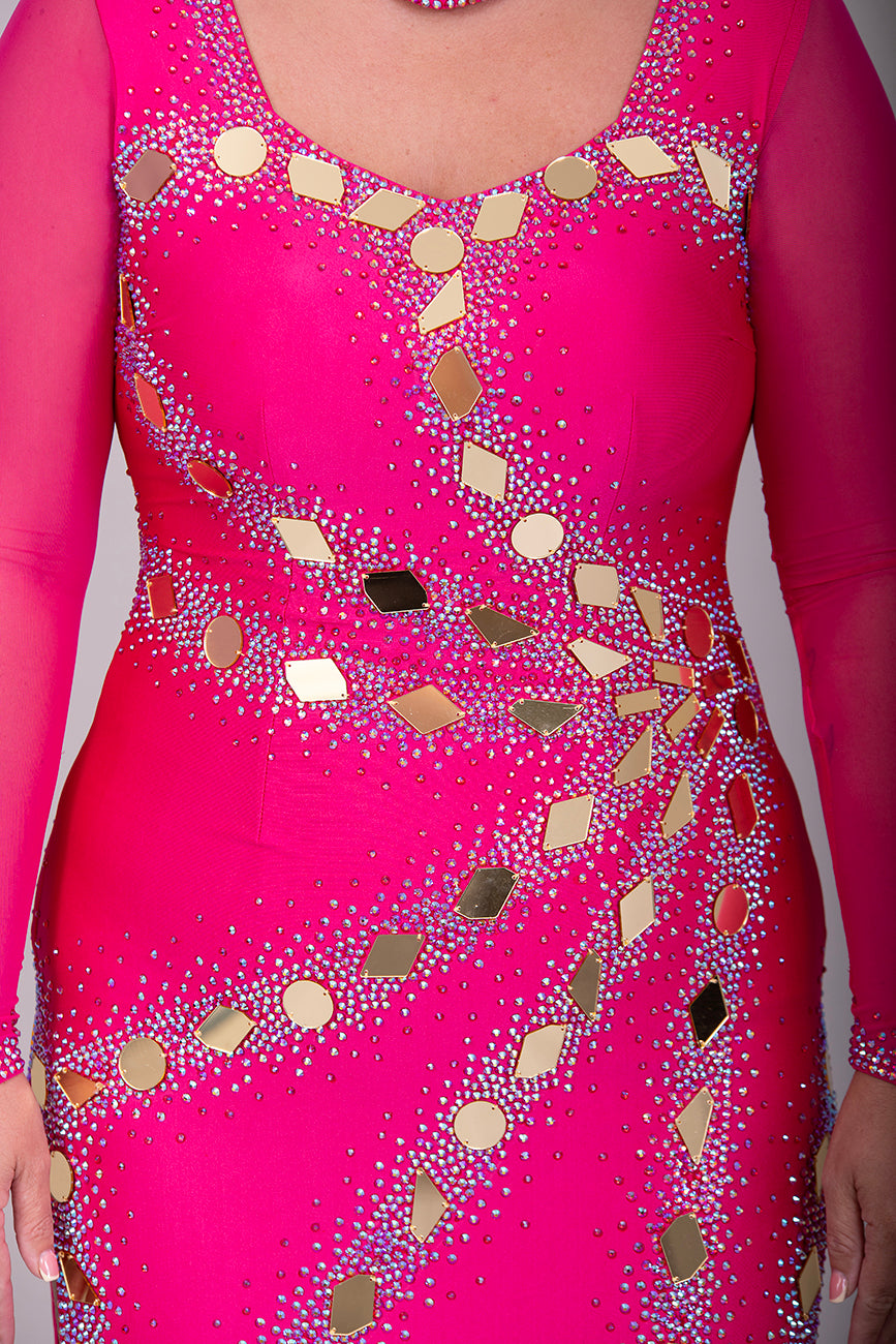 159 Cerise Latin Dance Dress decorated with Gold mirrors and Fuschia ab stones