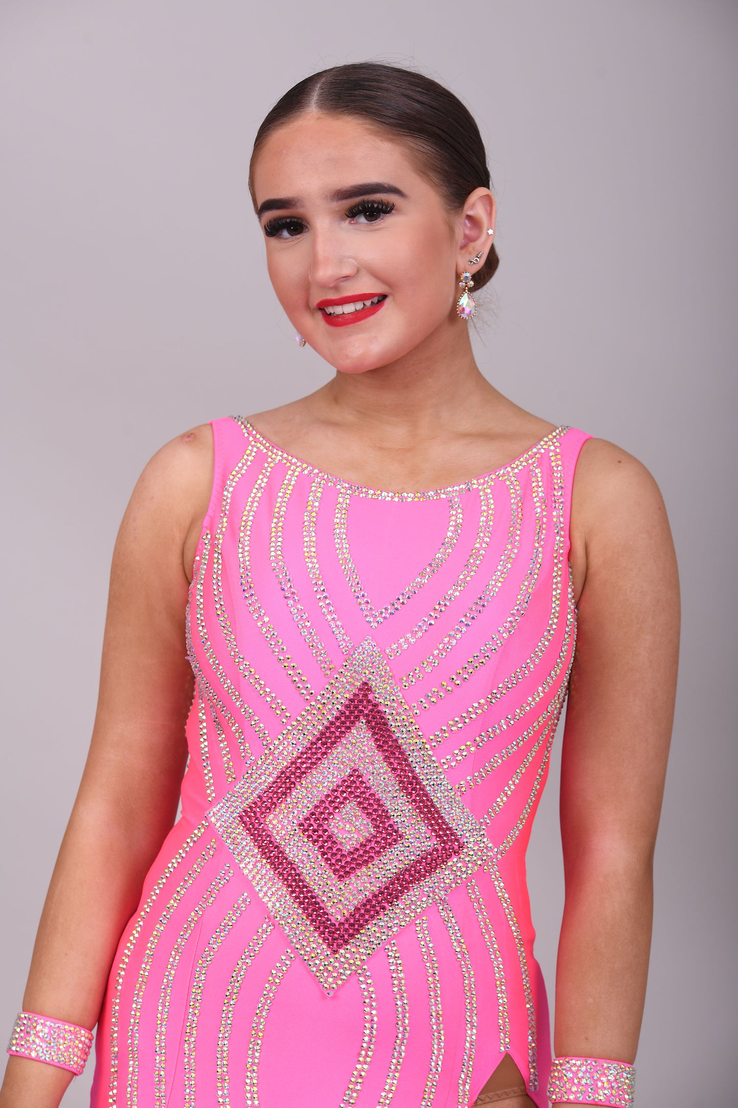 172 Flo Pink Latin dress with split detail to one side. Decorated in Rose & AB