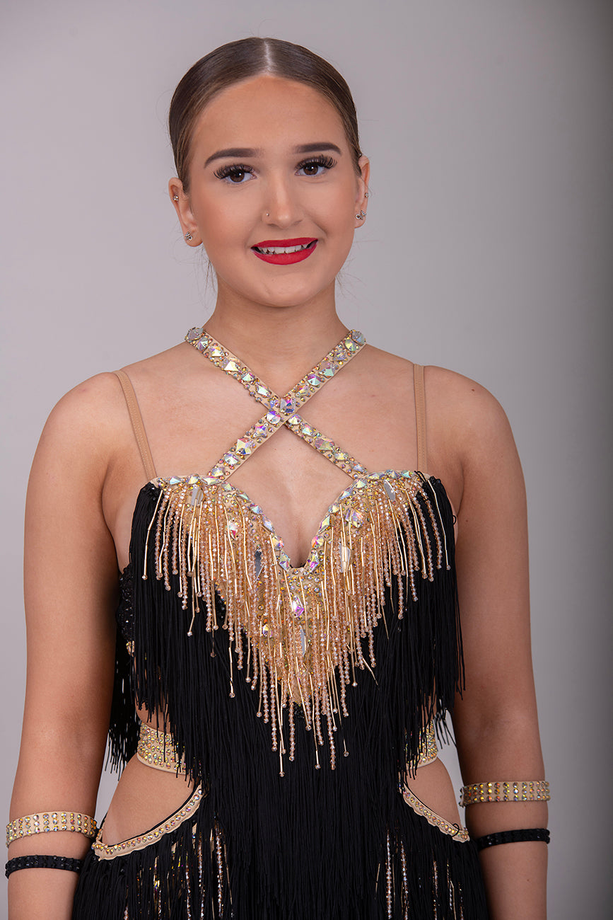 (BUDGET)3 Black & Gold Latin Competition Dance Dress. Full Fringed Skirts. Comes with optional belt & Bracelets                                     *****Our New Budget Range are Bought in ready made Costumes, with some detail added by TWDance*****