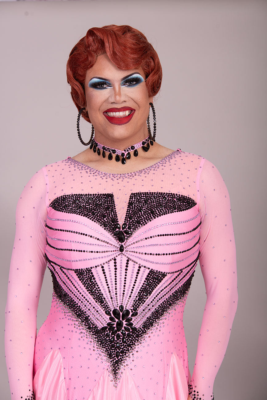 33B “TWD ELITE” Absolutely Stand Out Ballroom/Sequence Competition Dance Dress. Pink & Black Ombre stoned in Jet, Light Rose & Light Rose AB. Detachable Floats.  High Back to give option of wearing own bra