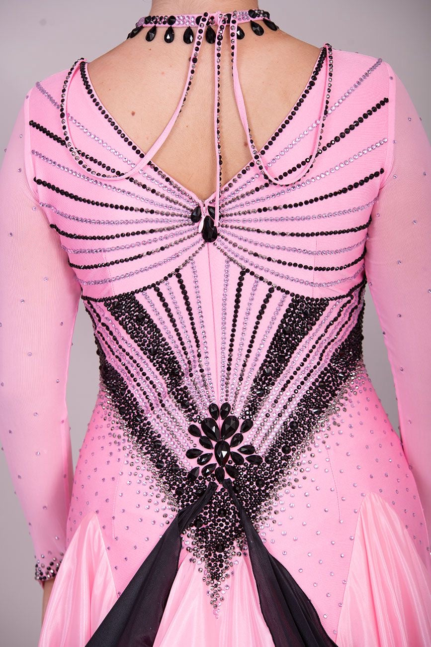 33B “TWD ELITE” Absolutely Stand Out Ballroom/Sequence Competition Dance Dress. Pink & Black Ombre stoned in Jet, Light Rose & Light Rose AB. Detachable Floats.  High Back to give option of wearing own bra