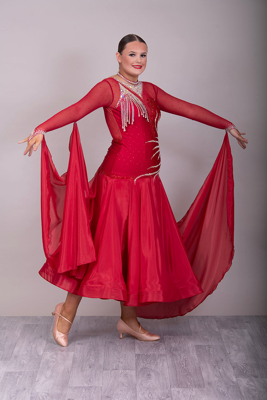 099 Wine Competition Ballroom Dance Dress heavily decorated with Dark Siam & AB stones. Hanging stoned strap detailing to the right upper chest.  High back giving option to wear own Bra.