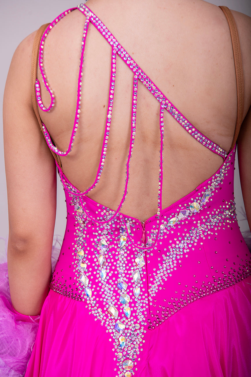 005 Cerise Pink Competition Ballroom Dance Dress. Heavily stoned in AB and Fuchsia & lilac. Comes with ostrich cuffs in Lilac & Cerise. Beautiful back detail.