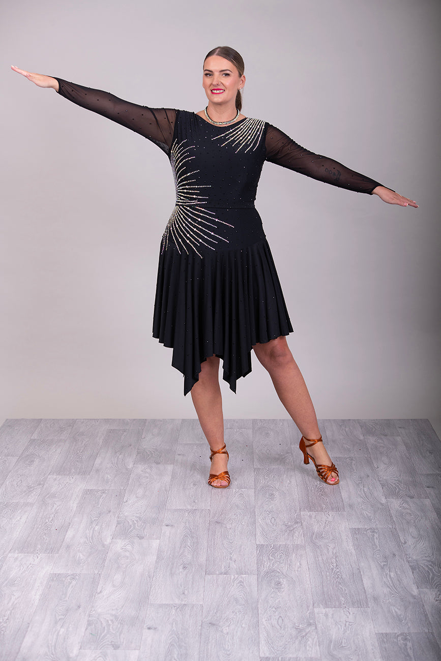 199 Flattering Black Latin Dance Dress. Super Stretchy. Stoned in AB starburst design with handkerchief hem skirt. High back giving option for wearing own bra.