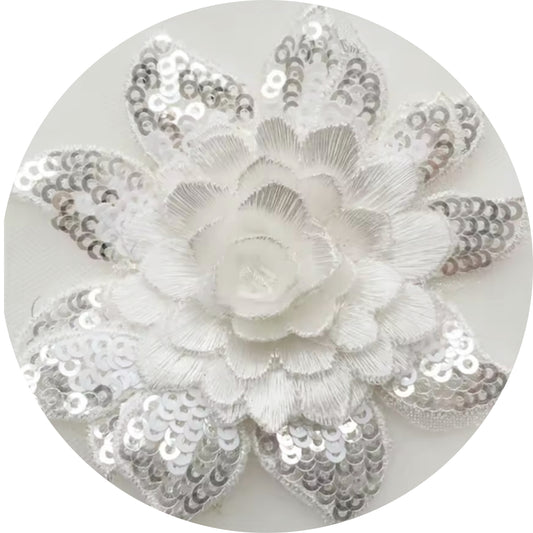 M134 Montana 3D Sew On Flowers, Outer Petals are sequinned. Perfect for adding stones. 8cm wide. Available in 8 Colours