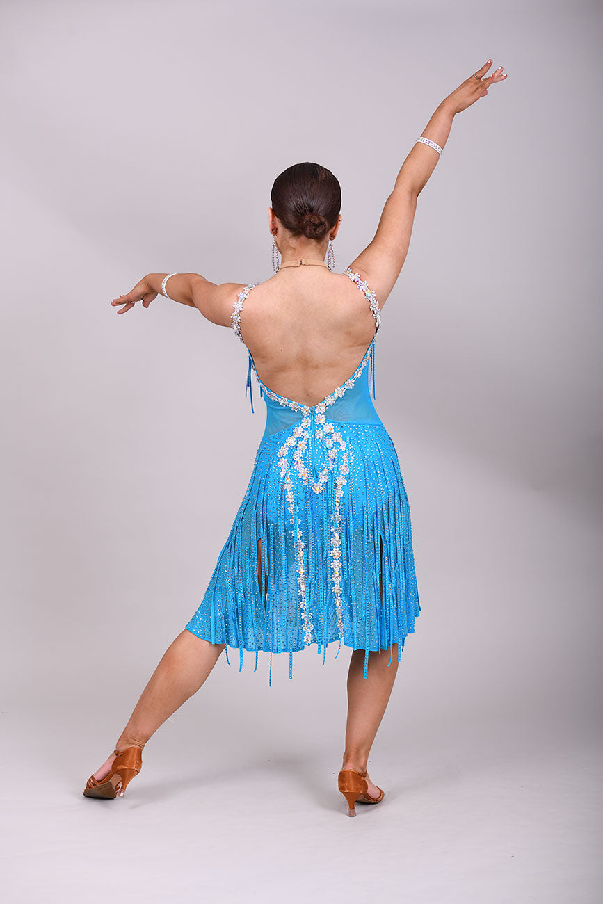 312 Paradise Blue Latin Dress with AB material stoned droppers. AB Stones with Gloves