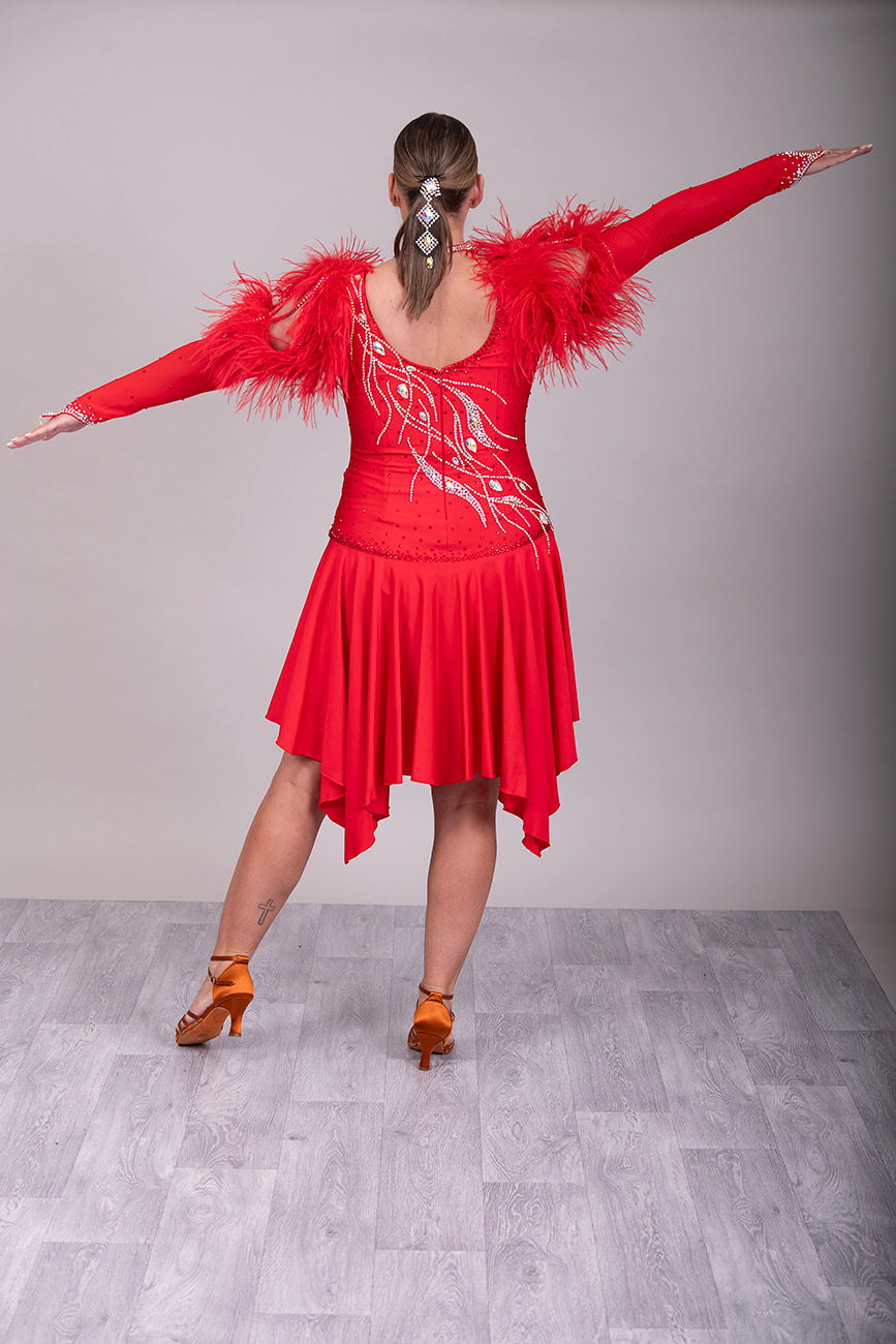 301 Rich Red Competition Latin Dance Dress. Ostrich boa decoration to the upper arm with stoned strap detail. Very full skirt. Stoned in Light Siam & AB