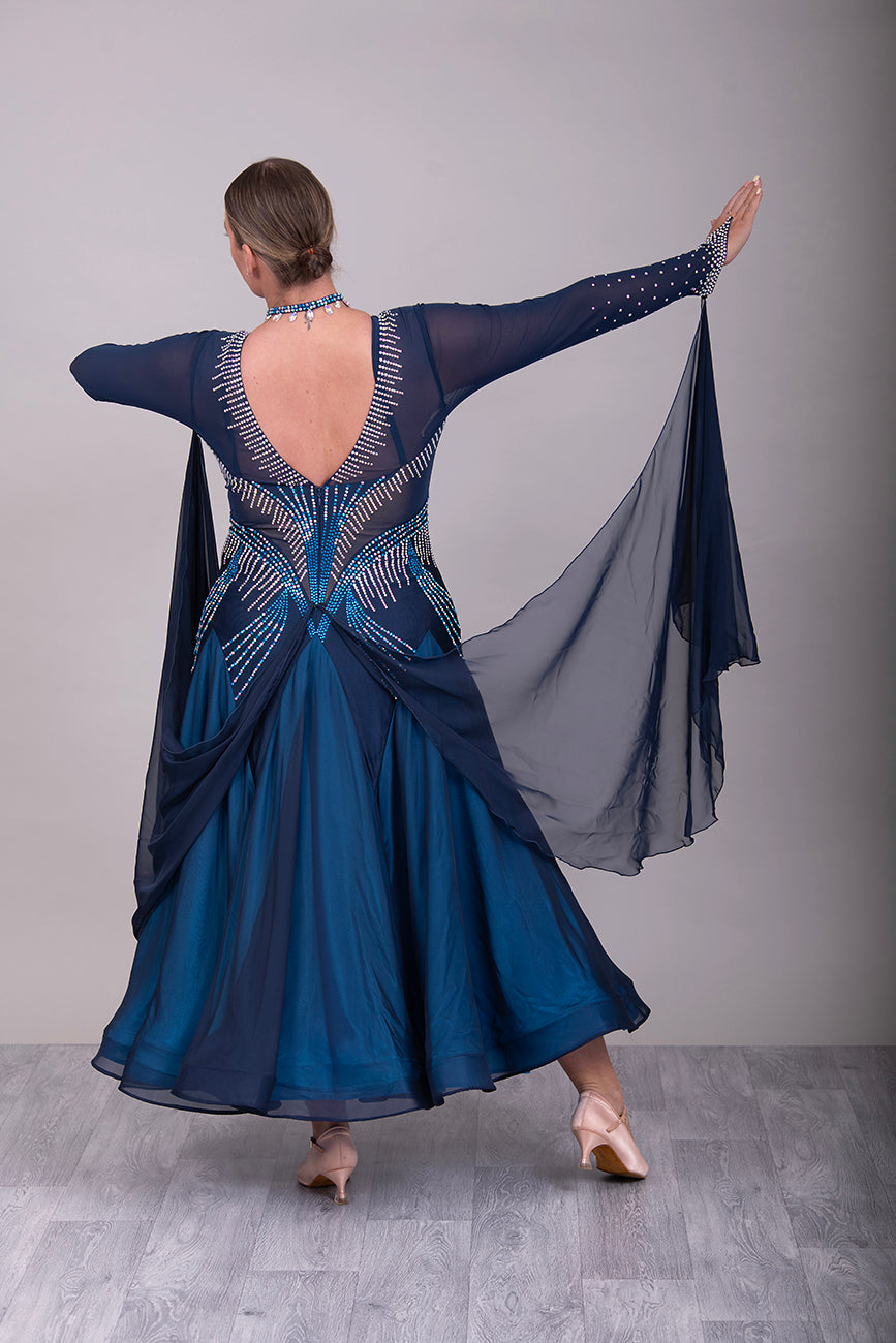 263 Midnight Blue Ballroom Dance  Dress. Heavily stoned in AB, Capri Blue AB & Capri Blue. Detachable floats