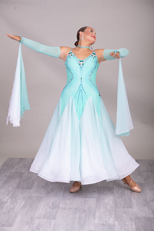 27B Aqua & White Ombre Competition Ballroom/Sequence Dance Dress. Pearls & Stones create this stunning pattern.