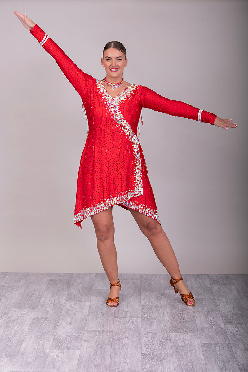 305 Striking Rich Red Latin Competition Dance Dress. Very Flattering style Dress. Red bead droppers all over with Siam stones. Heavily decorated with AB