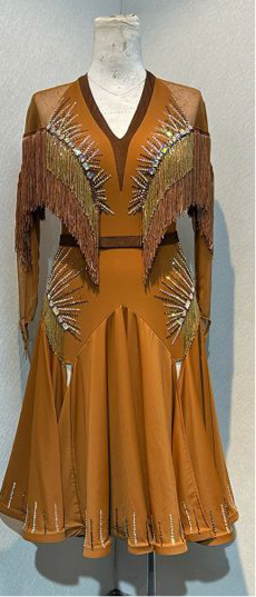 43L Classy Tan & Gold with Chocolate accents Competition Latin Dance dress .Stoned in Chocolate & AB. High back with mesh on Lycra detail giving option to wear own bra. ❤️Showroom Appointments Available❤️
