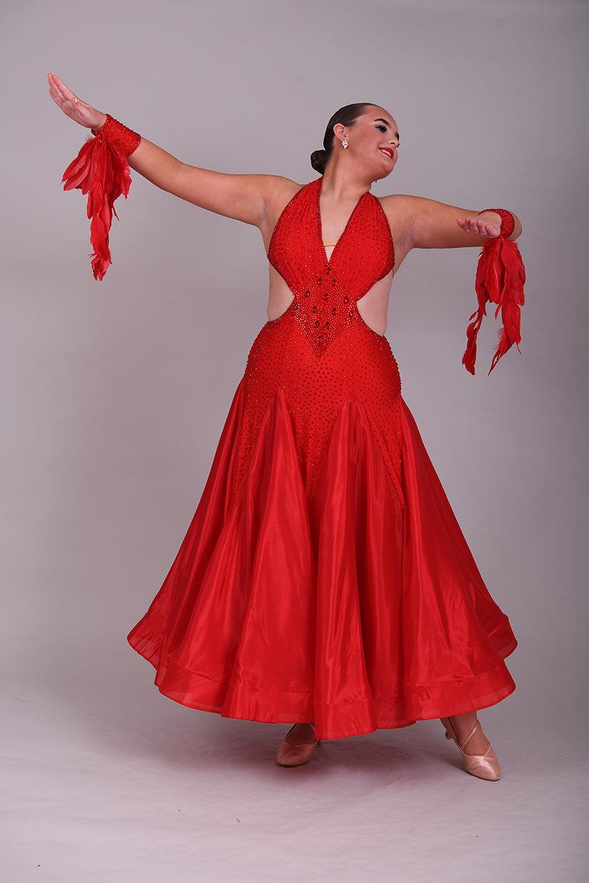 219 Red Sleeveless/Backless Ballroom/Smooth halter neck Dress. Feature panelling to the waist. Long Glove let’s with feather detailing. Flesh strapping to the chest and back.
