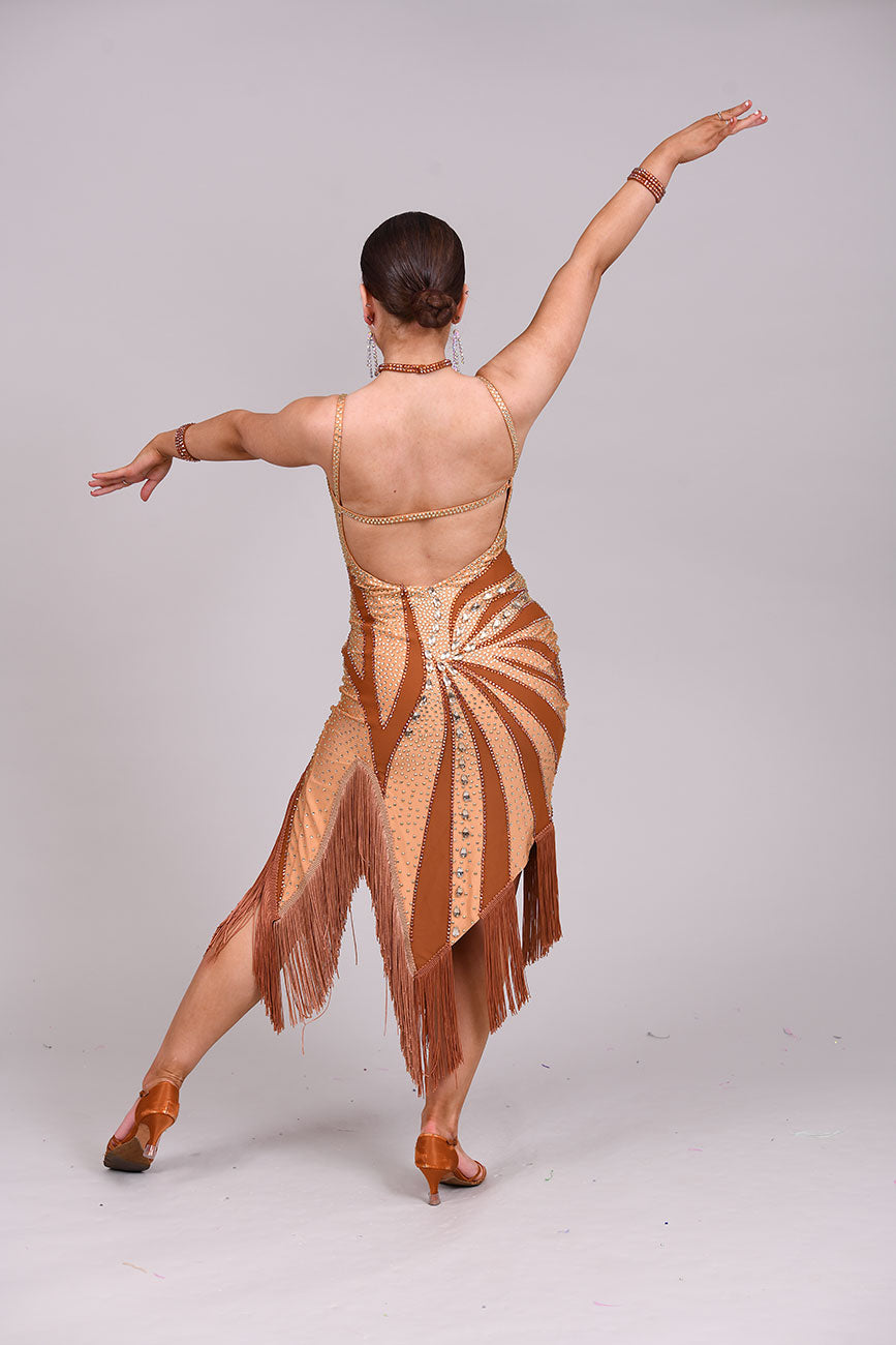 116 Coffee & Tan Latin Dress. Multi splits to the hemline with matching fringes. Stoned in Sunshine, Aurum & Topaz