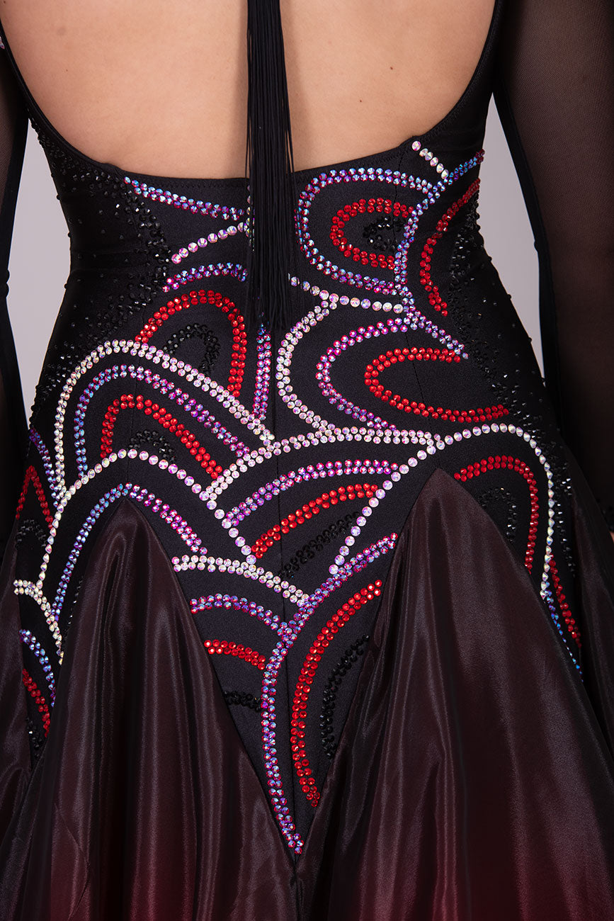 32B Black & Red Ombre Competition Ballroom/Sequence Dance Dress. Stoned in jet, AB, Siam & Light Siam. Very classy design giving full front & sleeve coverage and lovely back opening.