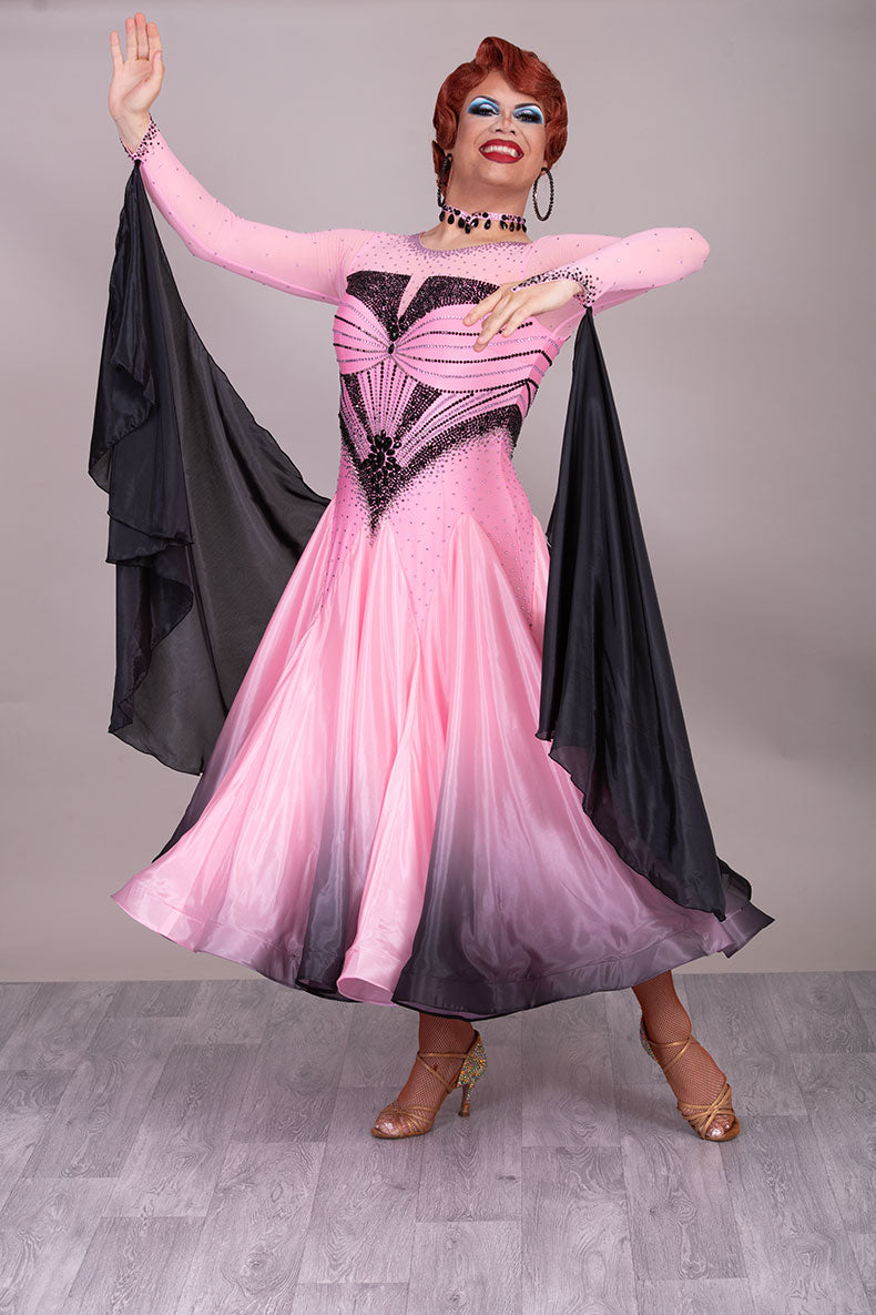 33B “TWD ELITE” Absolutely Stand Out Ballroom/Sequence Competition Dance Dress. Pink & Black Ombre stoned in Jet, Light Rose & Light Rose AB. Detachable Floats.  High Back to give option of wearing own bra