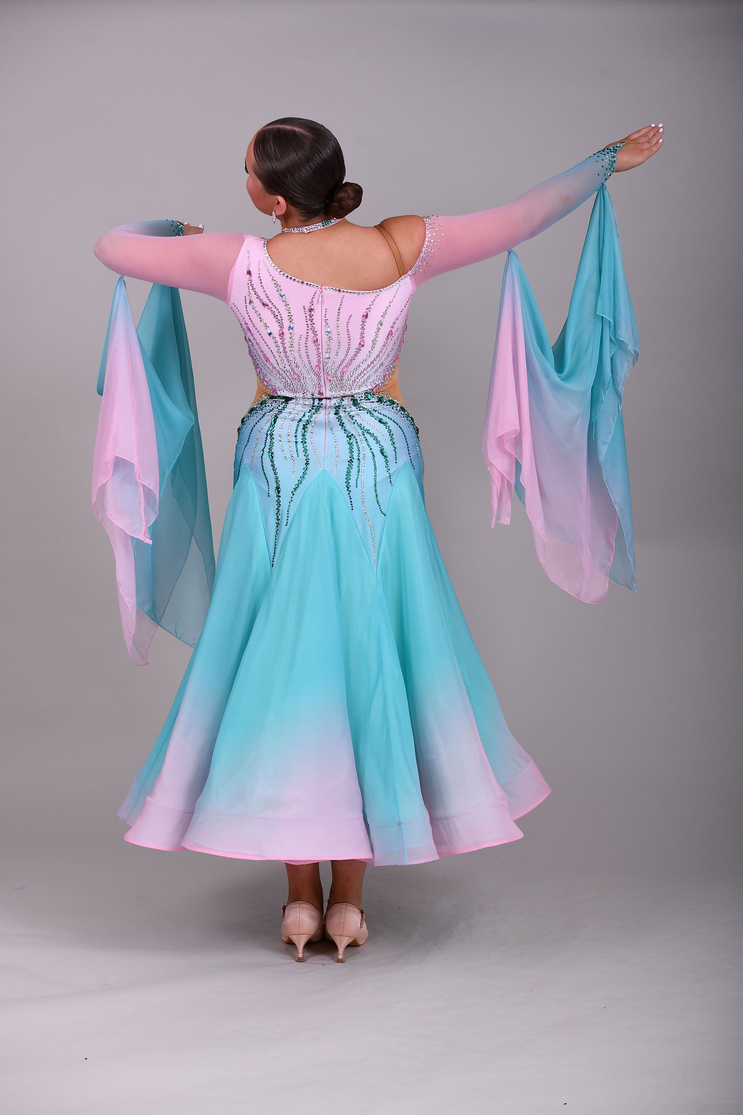 01130 Light Aqua & Baby Pink Ombre Competition Ballroom Dance Dress. Stone with AB & Fuschia. Detachable floats