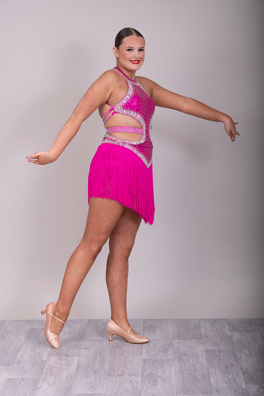 161 Metallic Cerise Latin dance dress. Full fringed skirt stoned in AB