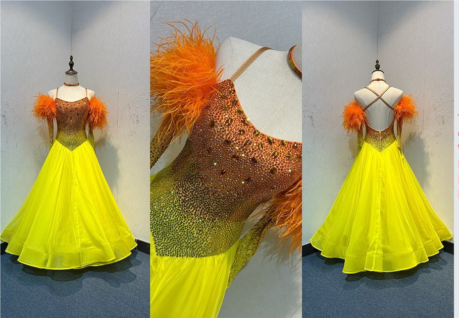 68B TWD ELITE Competition Ballroom/Sequence Dance Dress with new fuller skirts. Yellow skirts with stunning ombre stoning on the bodice in hyacinth, hyacinth ab & Citrine. Separate gloves with ostrich feather trim ❤️Showroom Appointment Available ❤️