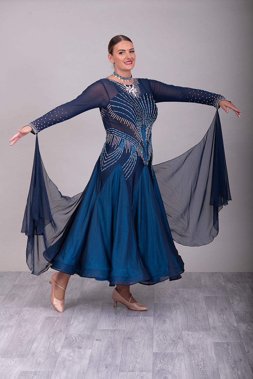 263 Midnight Blue Ballroom Dance  Dress. Heavily stoned in AB, Capri Blue AB & Capri Blue. Detachable floats