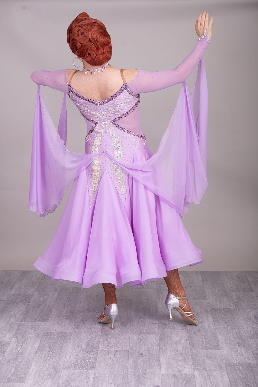 32B Lilac Competition Ballroom/Sequence Dance Dress. Detachable Floats. Detailed stone pattern in AB, Amethyst, Amethyst AB & purple velvet.  High Back to give option of wearing own bra